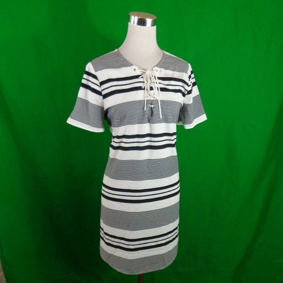 EXPRESS LARGE BLACK OFF-WHITE STRIPED SHORT SLEEVE - Picture 4 of 7